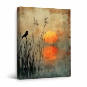 Sunset Bird Silhouette Framed Canvas Wall Art - Ready to Hang