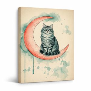 Cat on Moon Watercolor Framed Canvas Wall Art