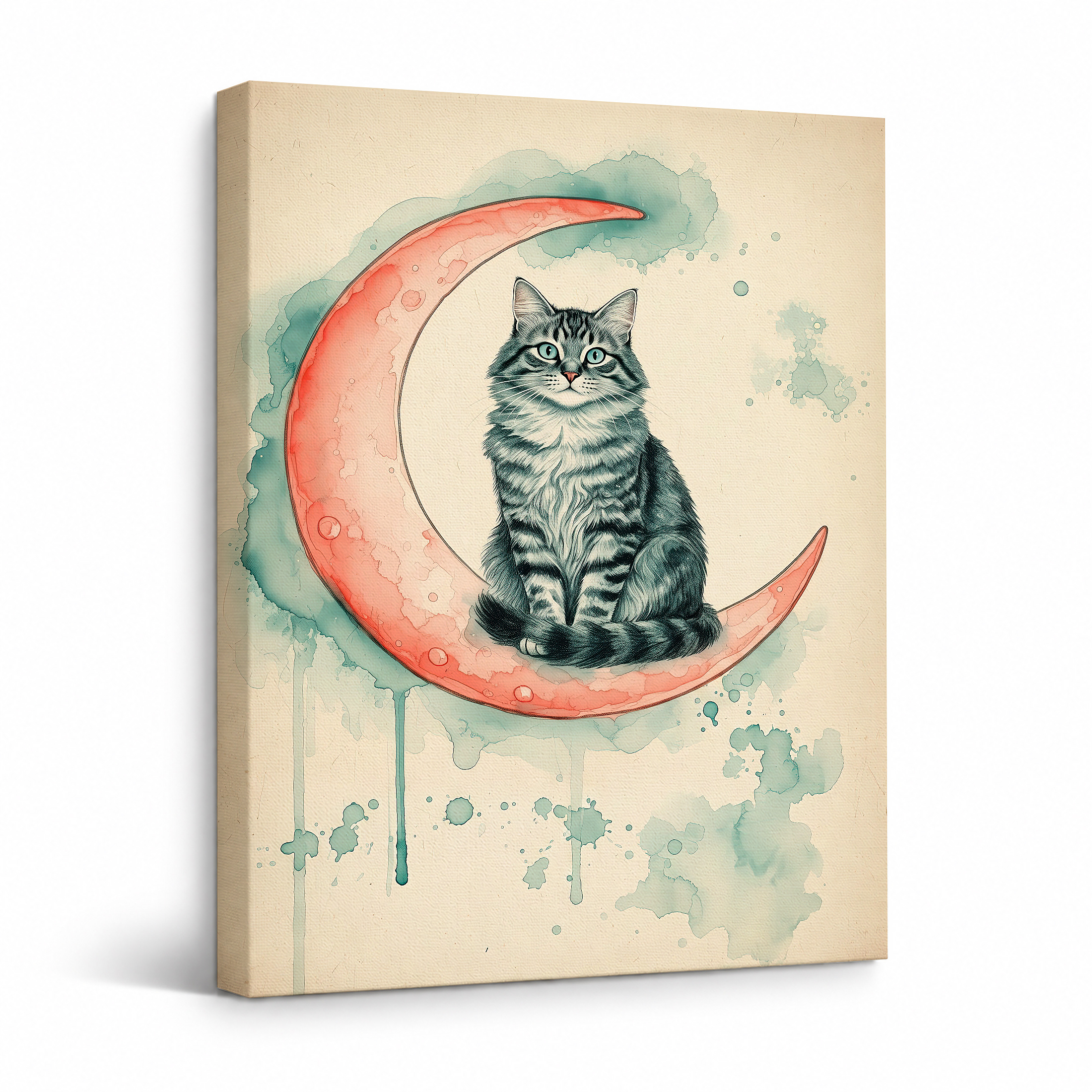 Cat on Moon Watercolor Framed Canvas Wall Art