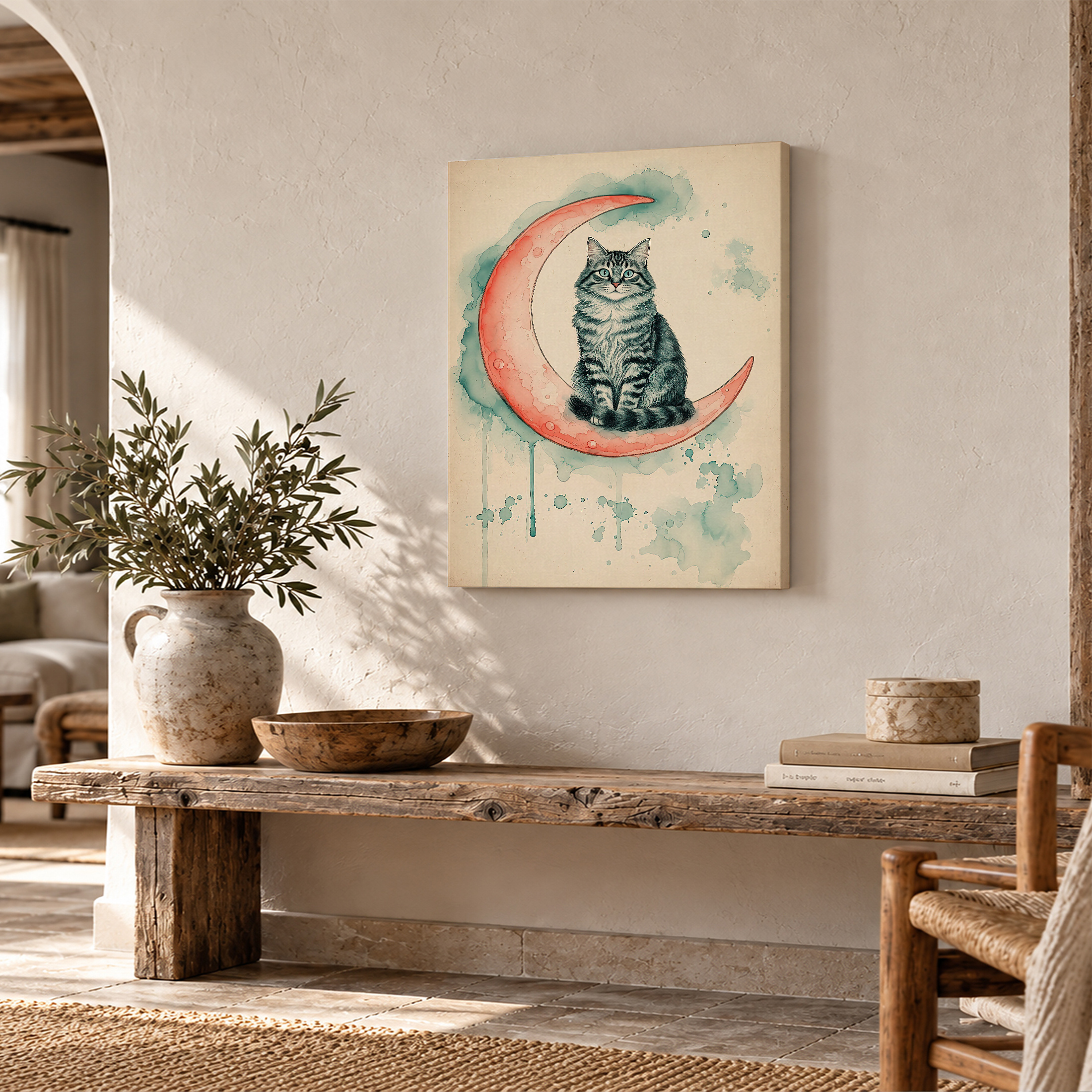 Cat on Moon Watercolor Framed Canvas Wall Art - Image 2