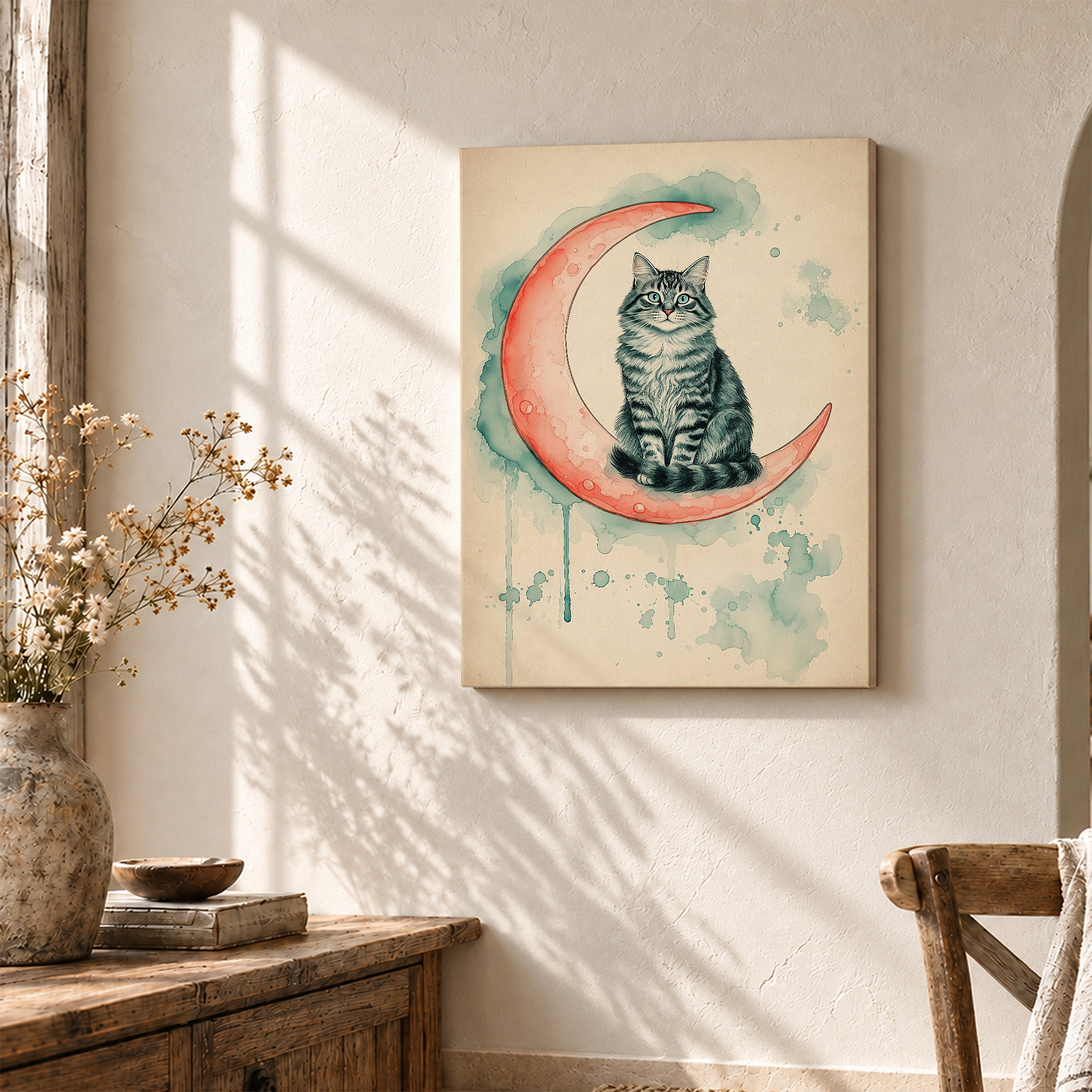 Cat on Moon Watercolor Framed Canvas Wall Art - Image 3