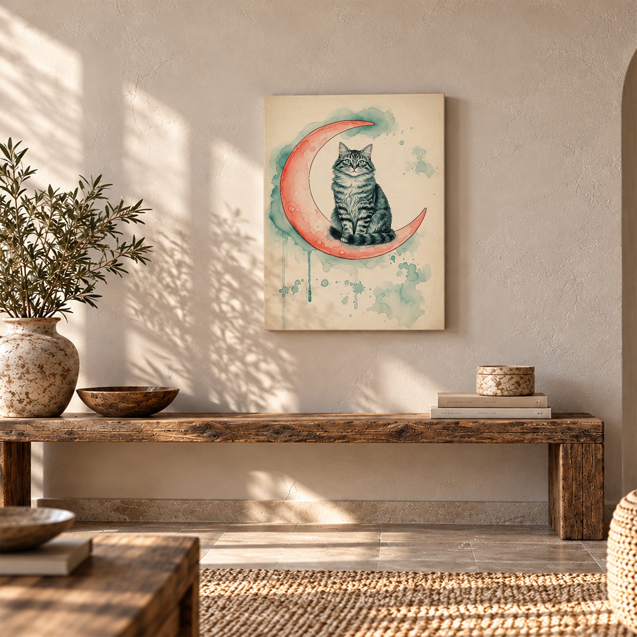 Cat on Moon Watercolor Framed Canvas Wall Art - Image 5