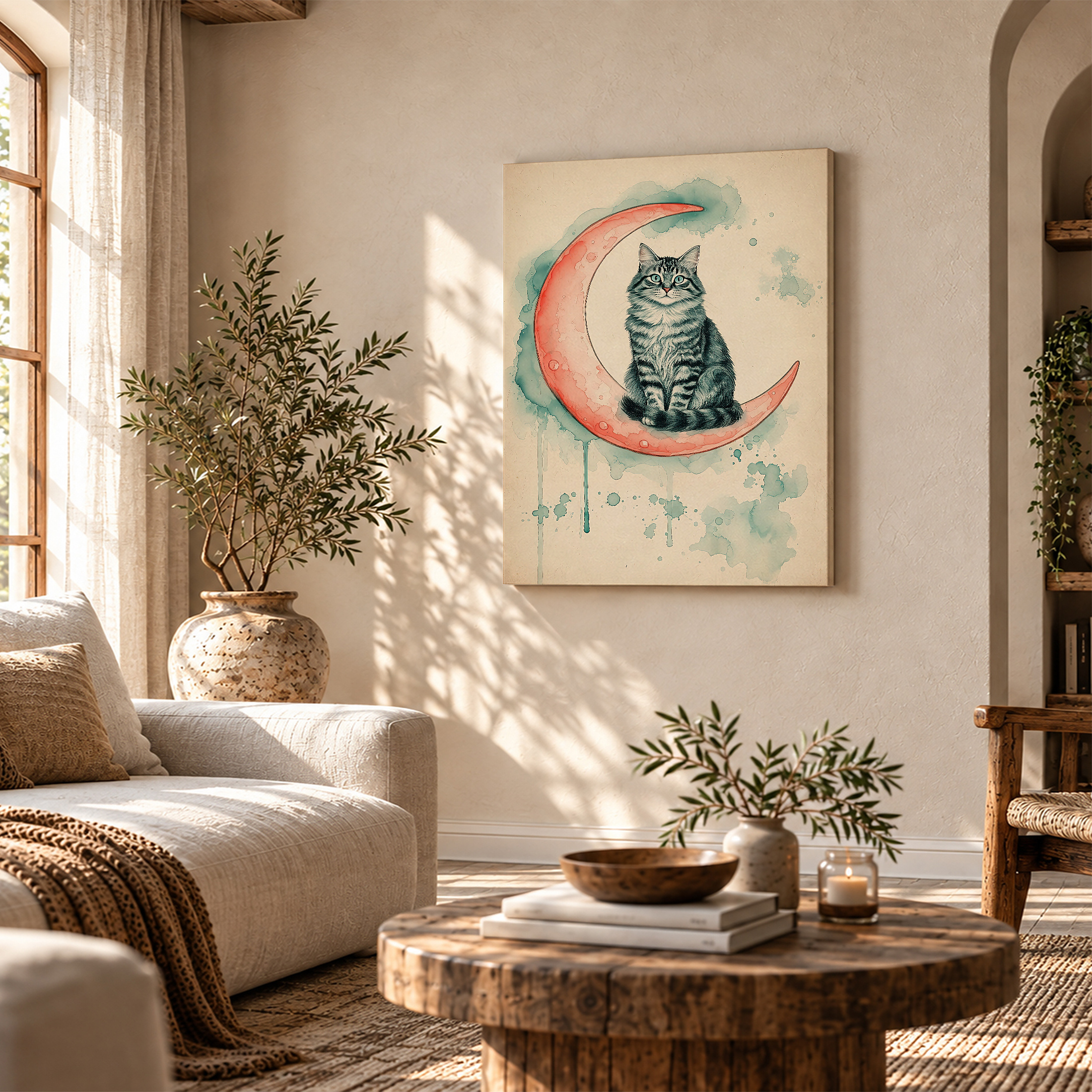 Cat on Moon Watercolor Framed Canvas Wall Art - Image 4