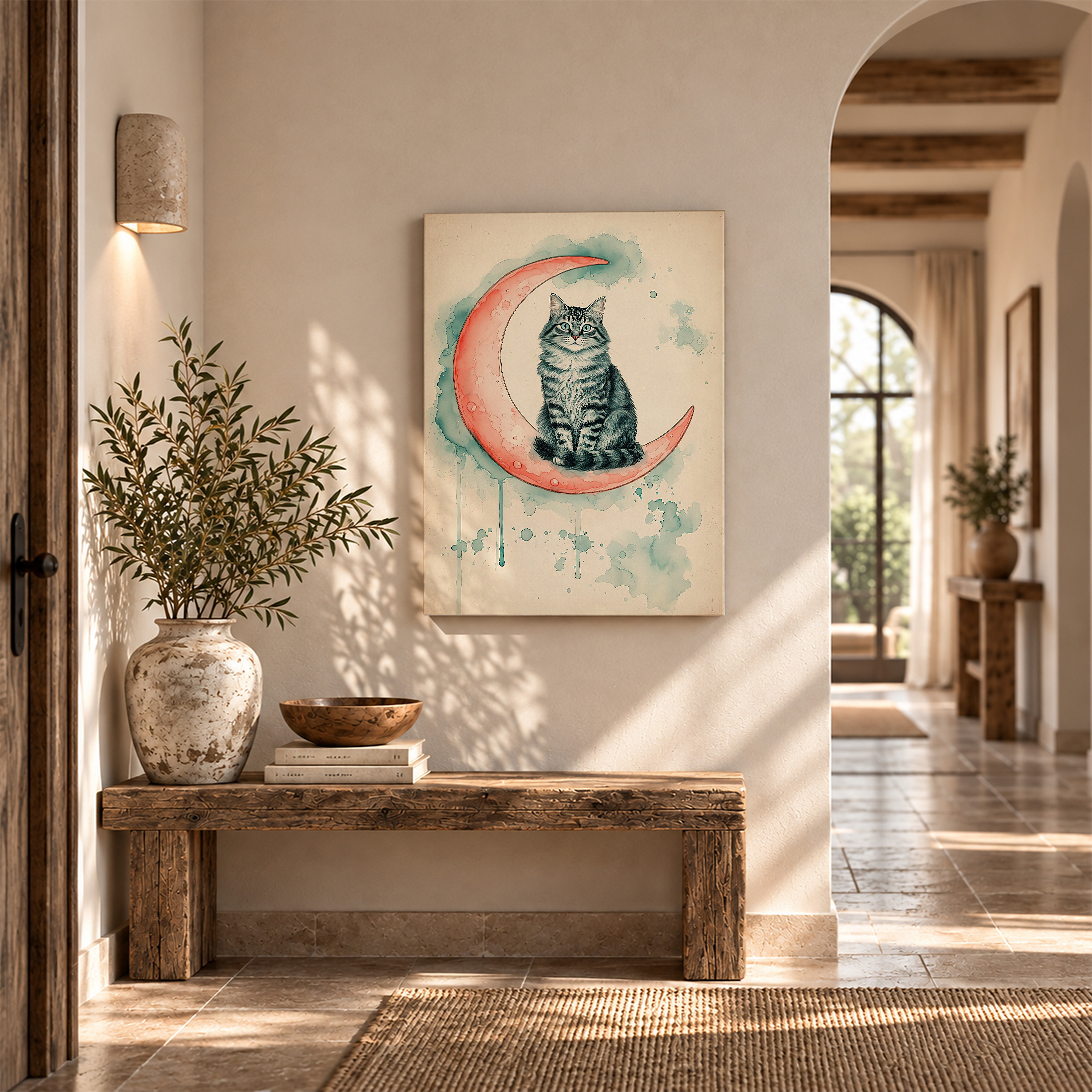 Cat on Moon Watercolor Framed Canvas Wall Art - Image 6