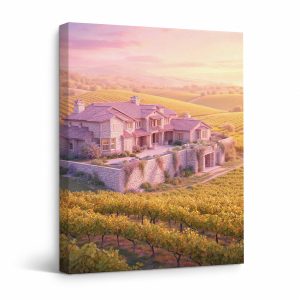 Sunset Vineyard Estate Framed Canvas Wall Art - Ready to Hang