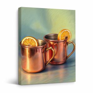 Copper Mugs with Lemon Slices Framed Canvas Wall Art