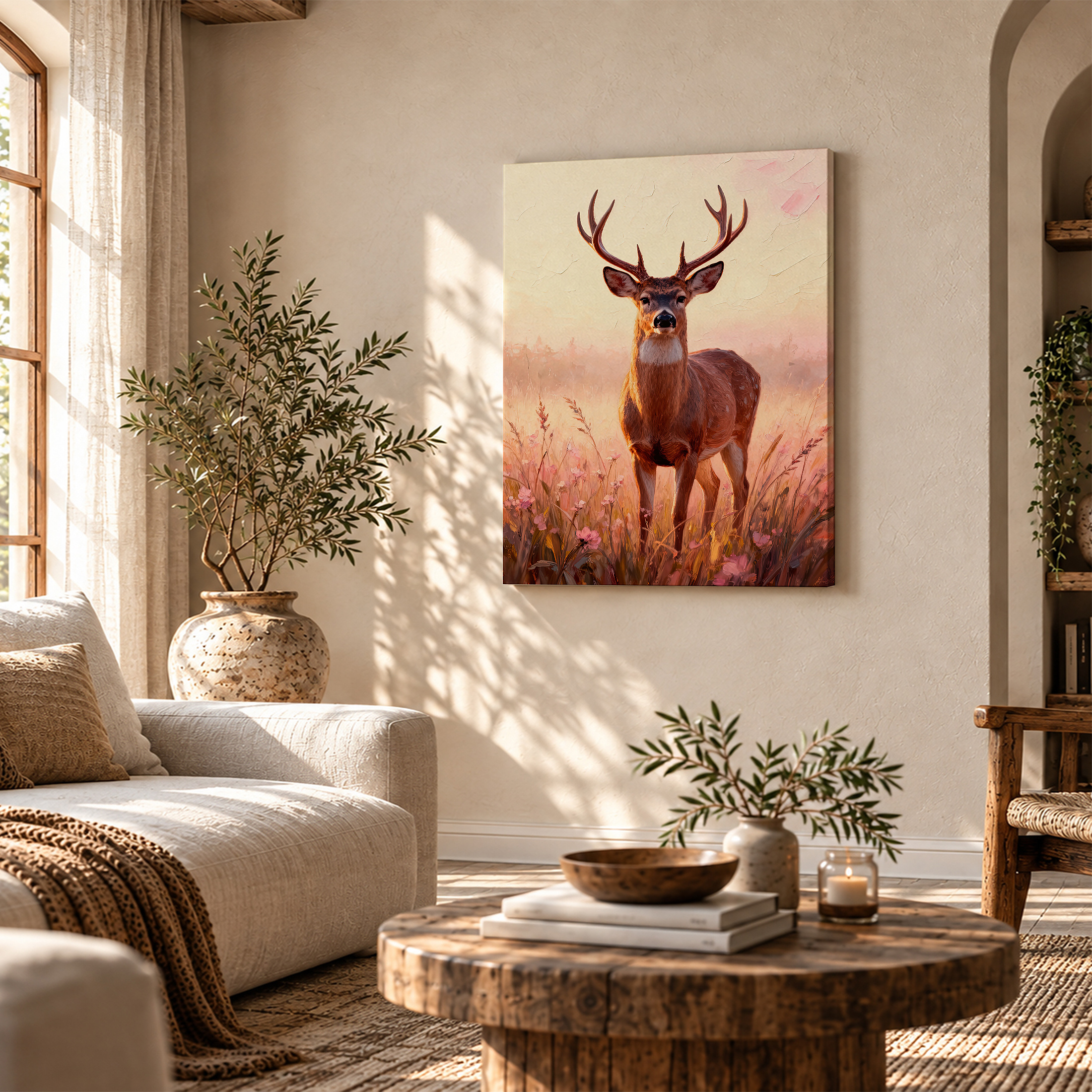 Sunrise Deer in Wildflower Meadow Framed Canvas Wall Art - Image 4