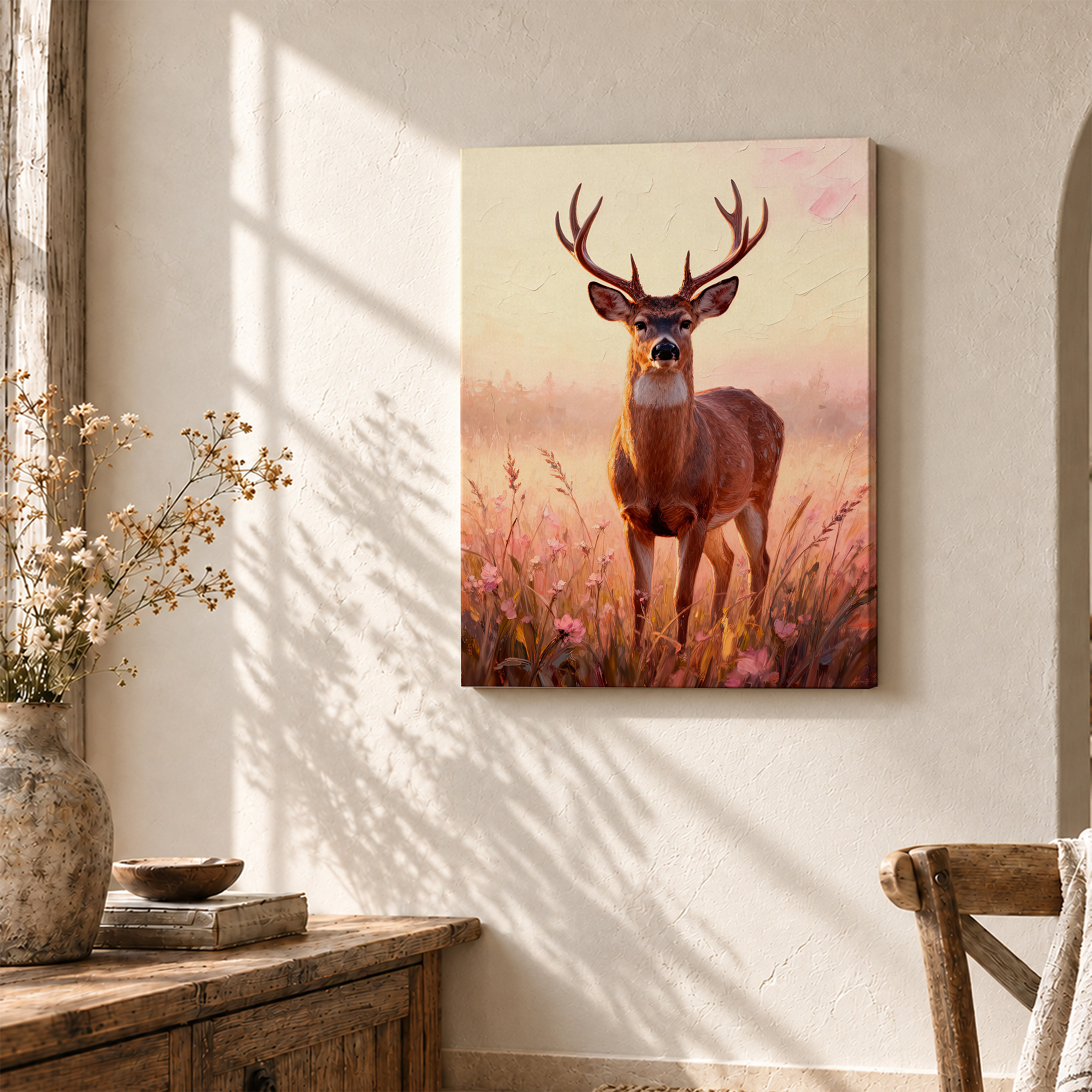 Sunrise Deer in Wildflower Meadow Framed Canvas Wall Art - Image 3