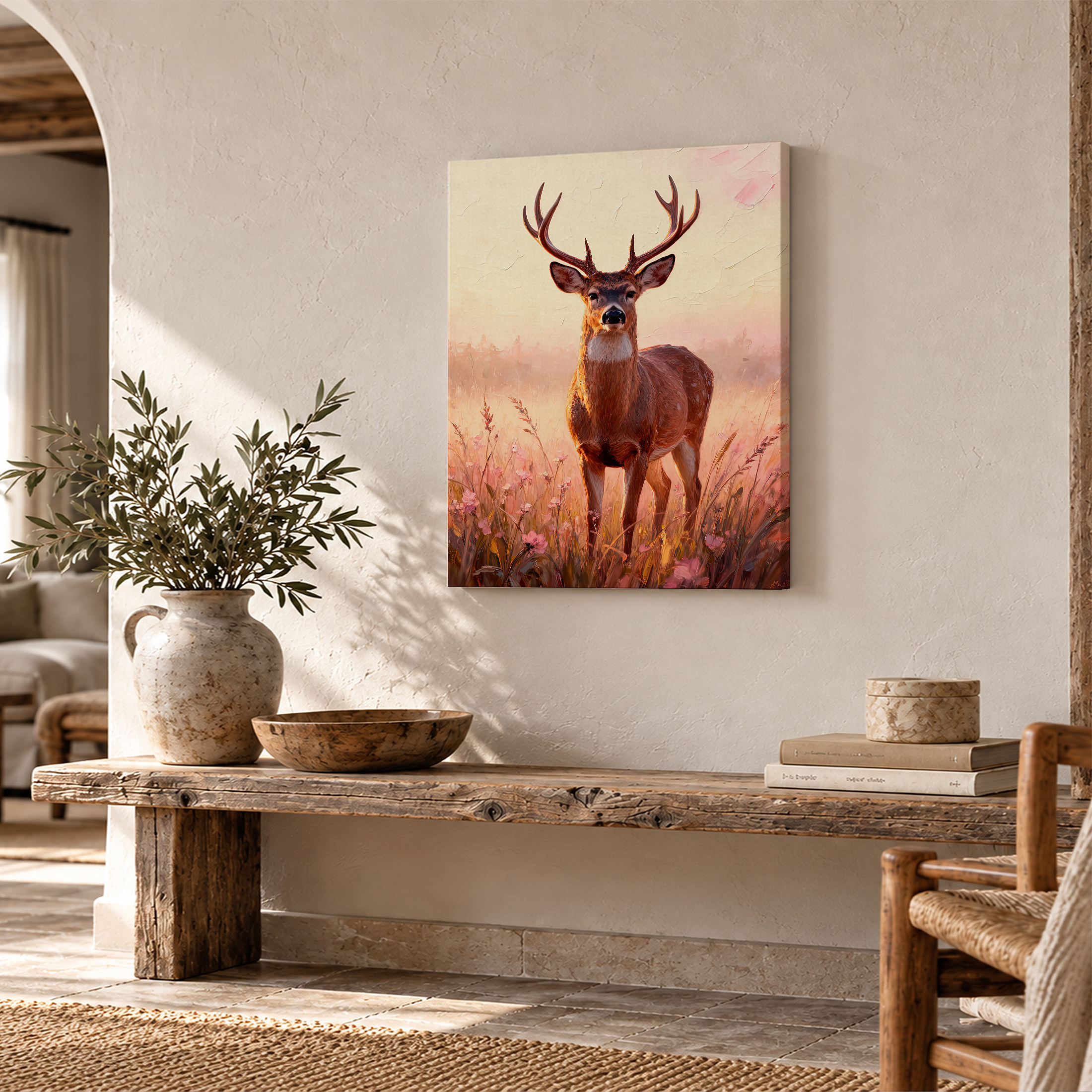 Sunrise Deer in Wildflower Meadow Framed Canvas Wall Art - Image 2