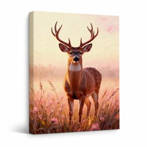 Sunrise Deer in Wildflower Meadow Framed Canvas Wall Art