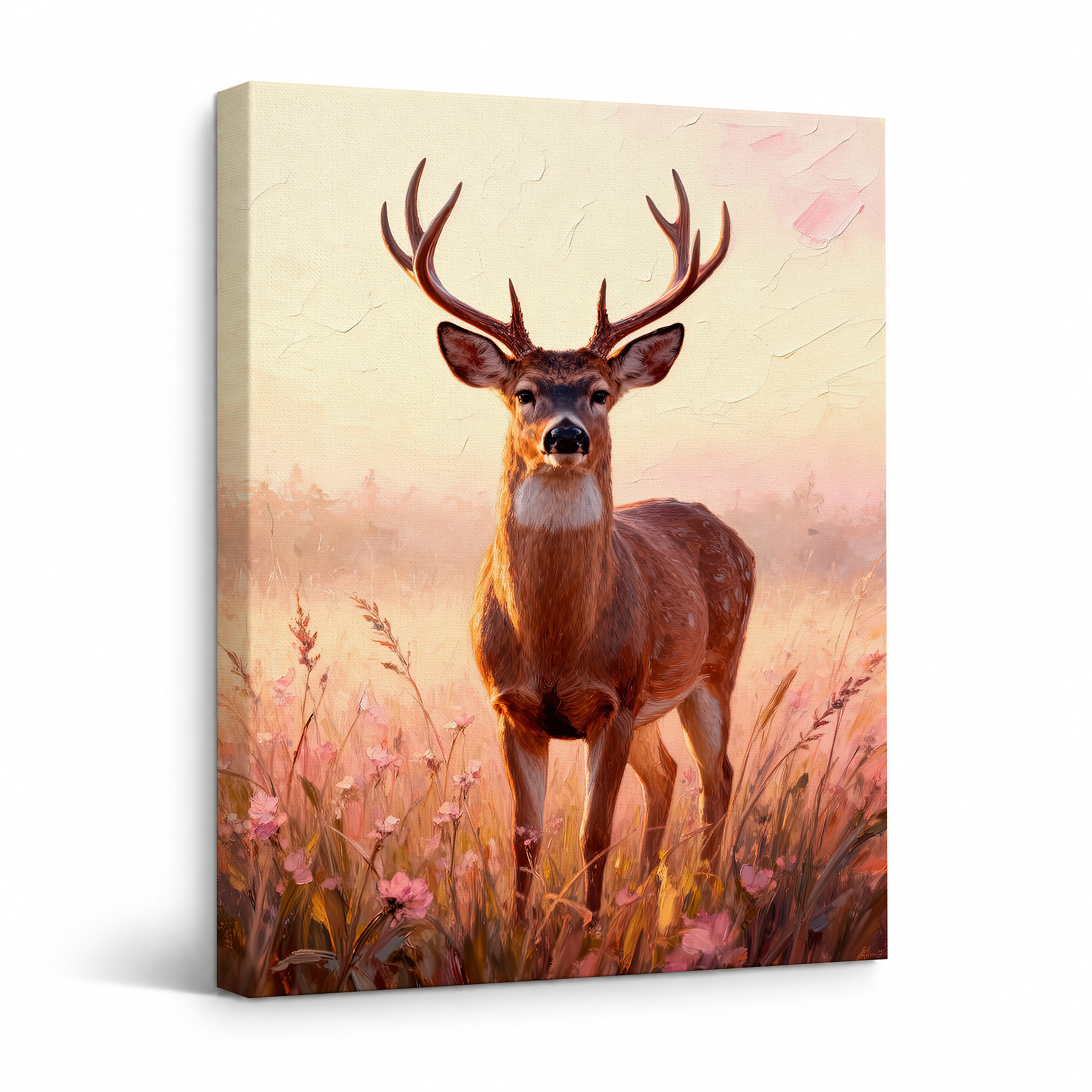 Sunrise Deer in Wildflower Meadow Framed Canvas Wall Art