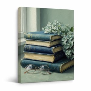 Vintage Books & Flowers Framed Canvas Wall Art - Cozy Study Decor