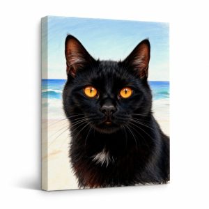 Black Cat Beach Portrait Framed Canvas Wall Art Ready to Hang