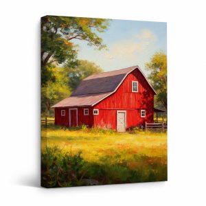 Red Barn Countryside Framed Canvas Wall Art - Rustic Farmhouse Decor