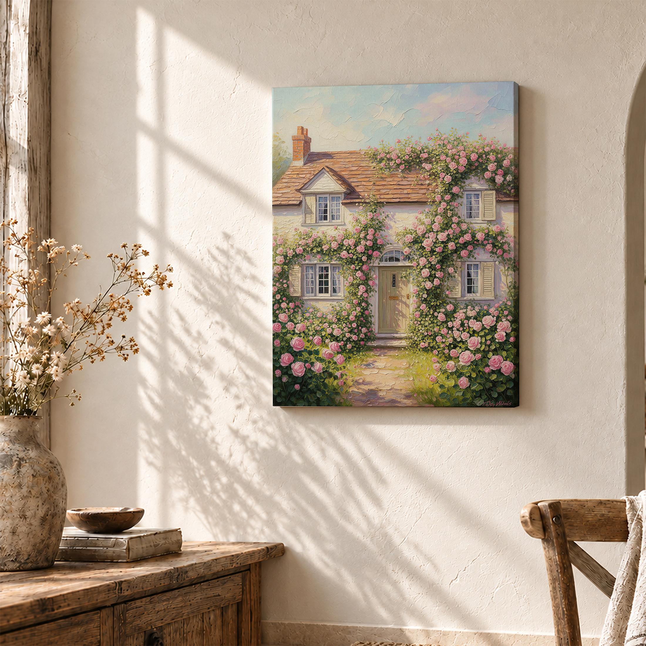 Pink Rose Cottage Framed Canvas Wall Art Ready to Hang - Image 3