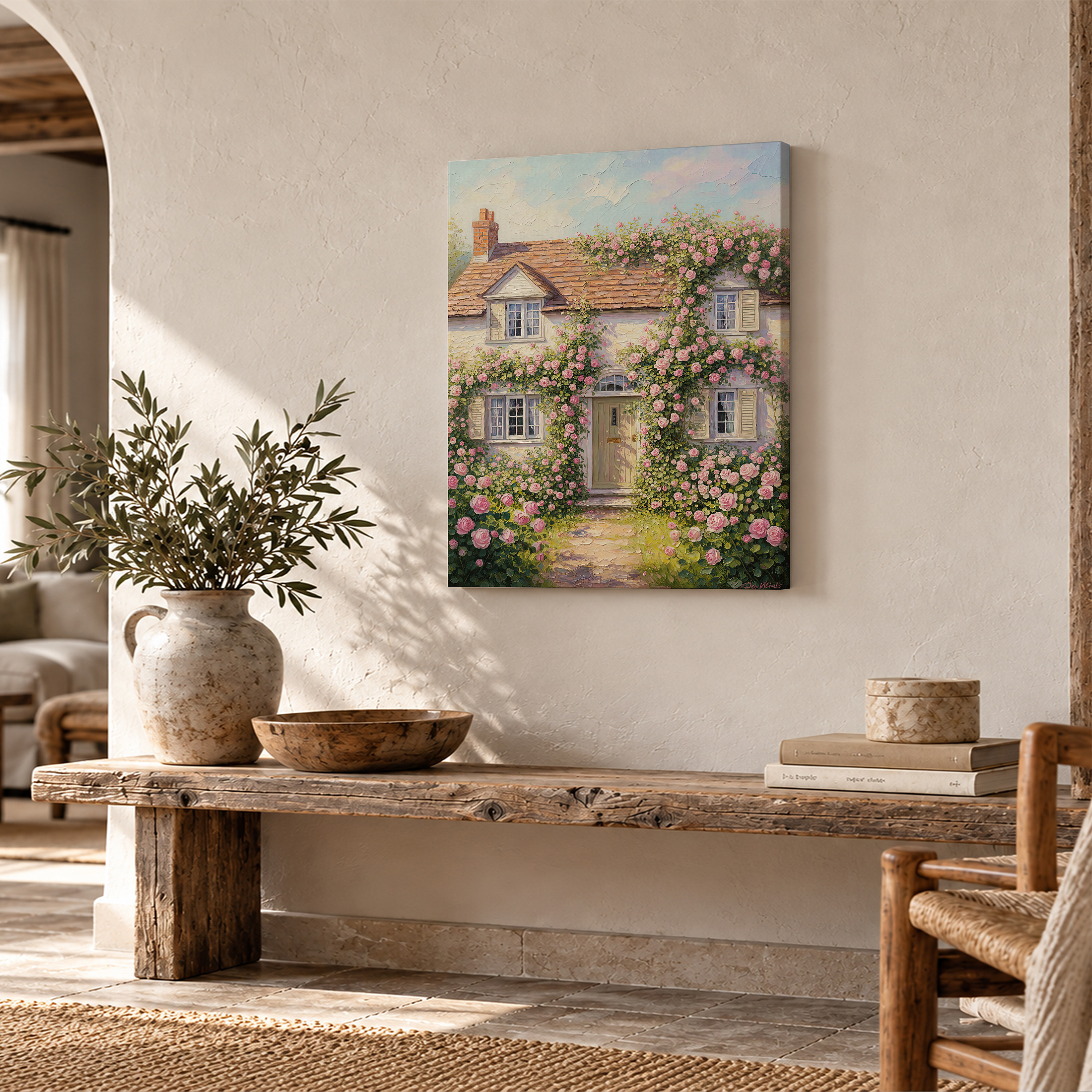 Pink Rose Cottage Framed Canvas Wall Art Ready to Hang - Image 2