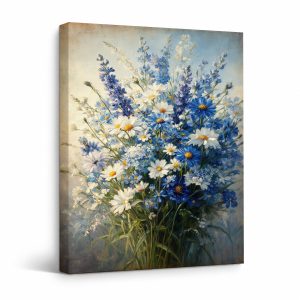 Blue and White Floral Bouquet Framed Canvas Wall Art