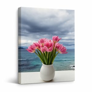 Pink Tulips Coastal Scene Framed Canvas Wall Art