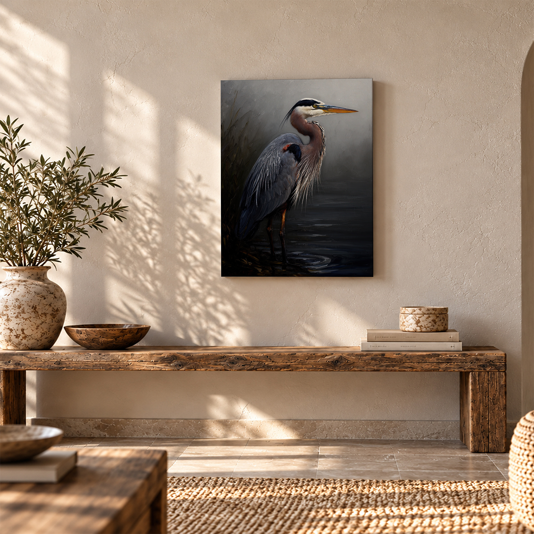 Great Blue Heron Serene Painting Framed Canvas Wall Art Ready to Hang - Image 5