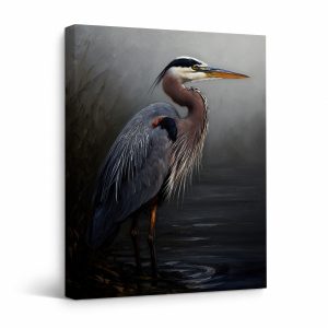 Great Blue Heron Serene Painting Framed Canvas Wall Art Ready to Hang