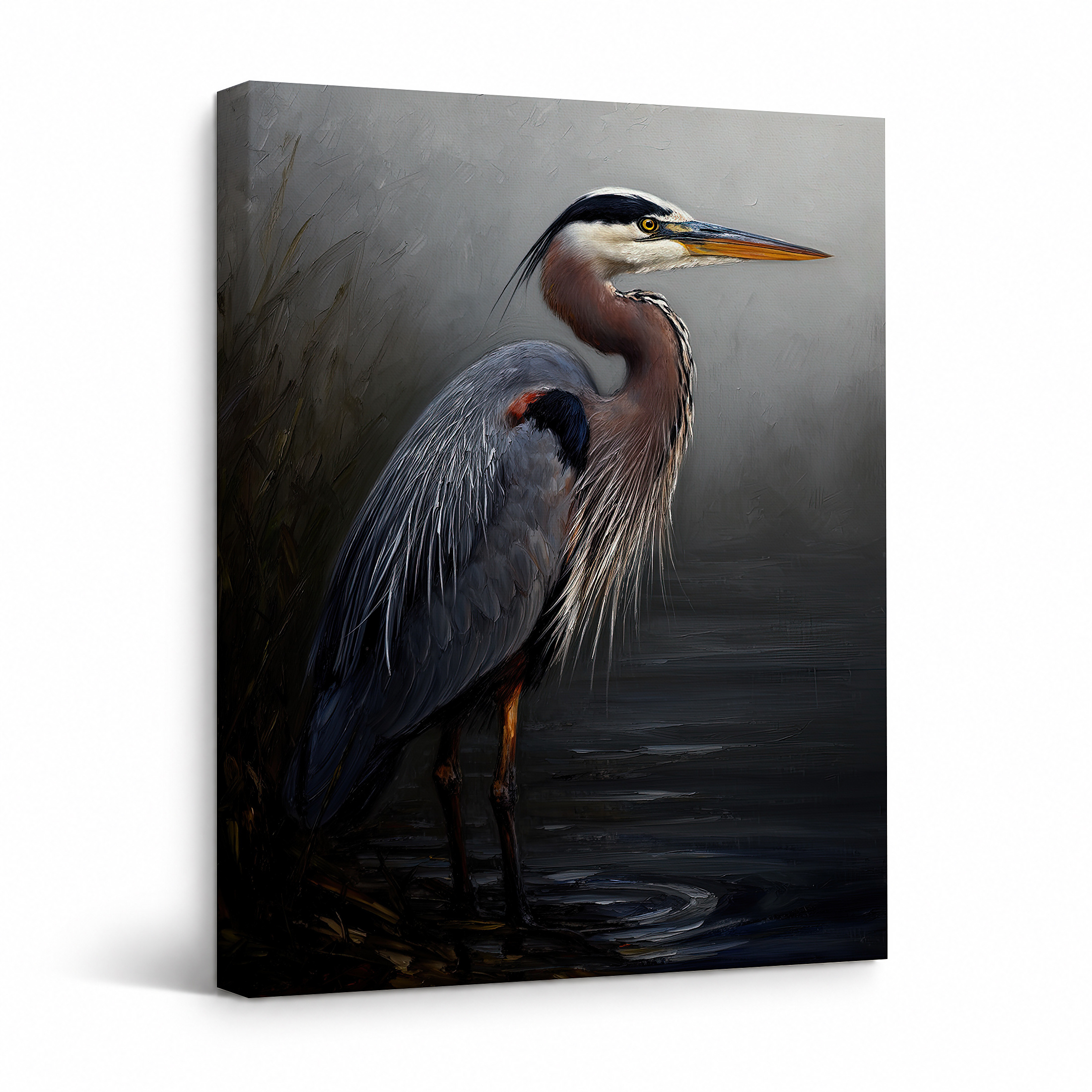 Great Blue Heron Serene Painting Framed Canvas Wall Art Ready to Hang