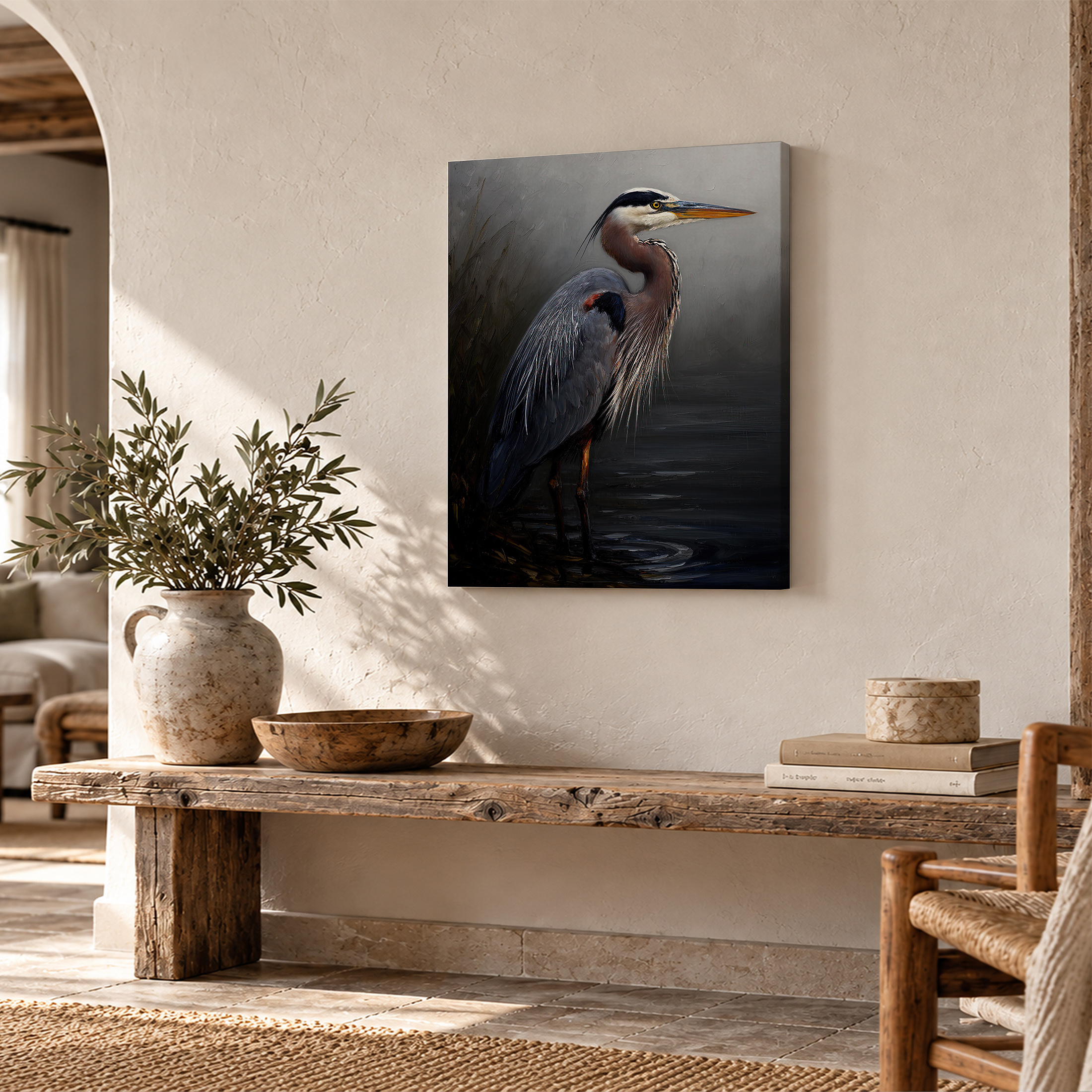 Great Blue Heron Serene Painting Framed Canvas Wall Art Ready to Hang - Image 2
