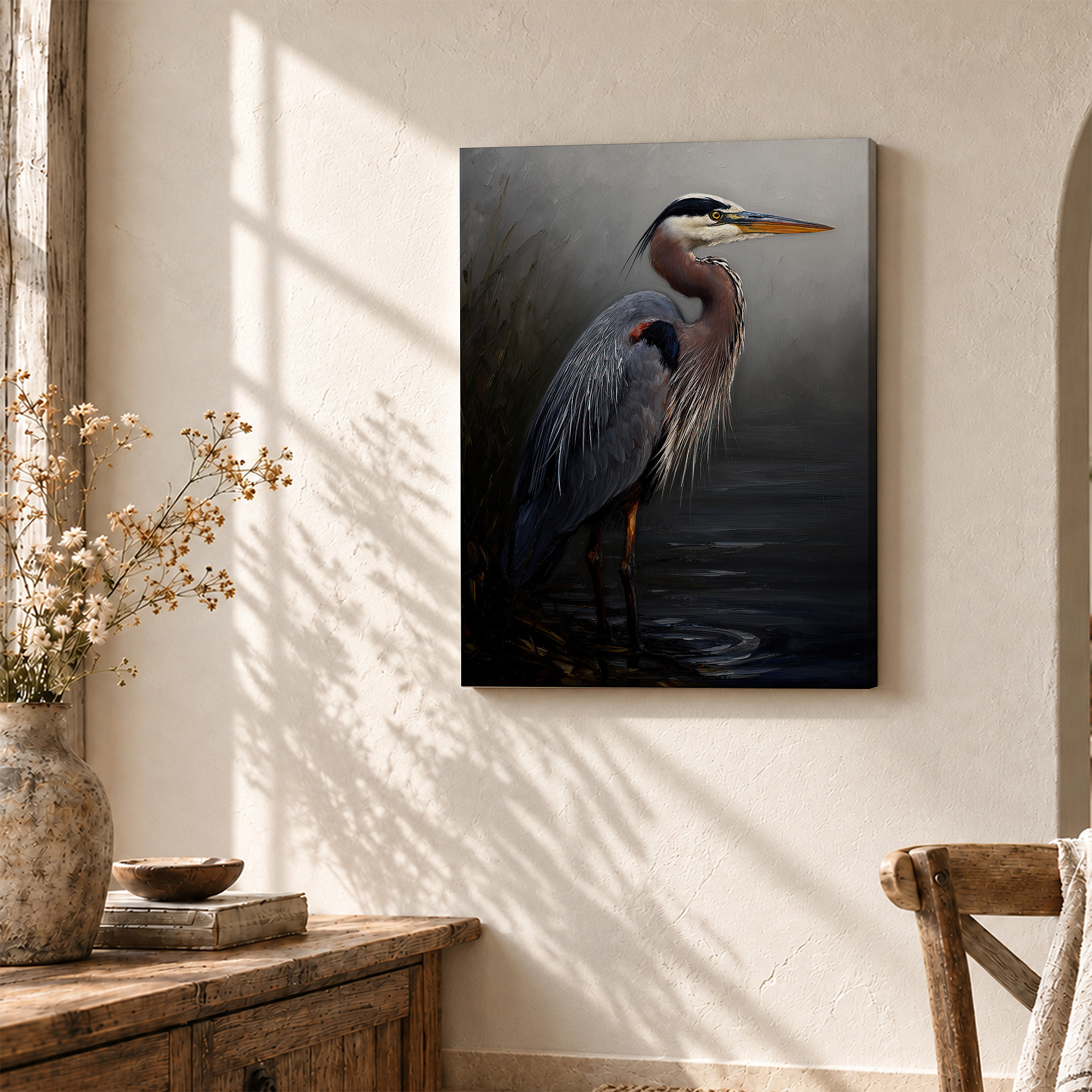 Great Blue Heron Serene Painting Framed Canvas Wall Art Ready to Hang - Image 3