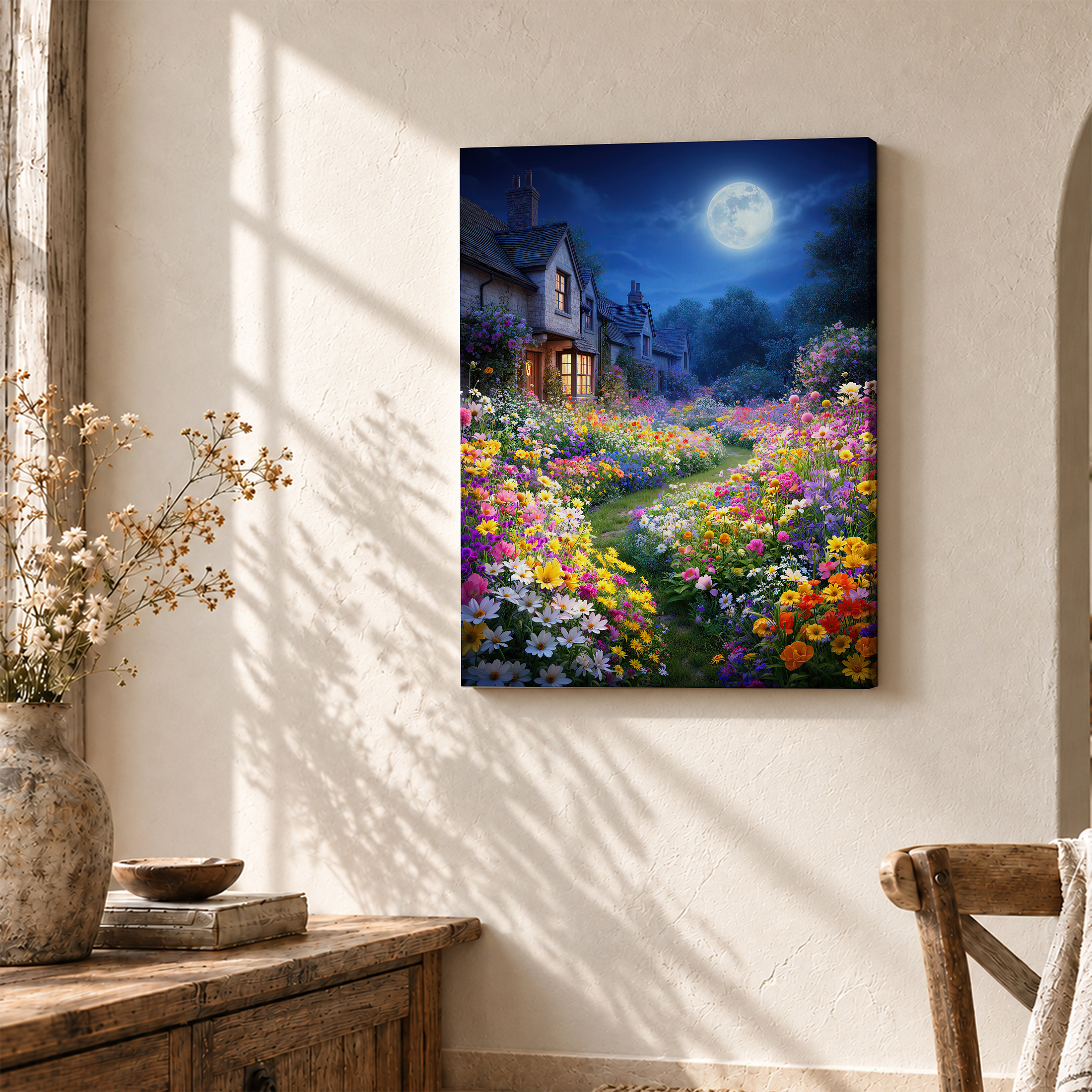 Moonlit Garden Enchanted Flower Night Framed Canvas Wall Art - Image 3