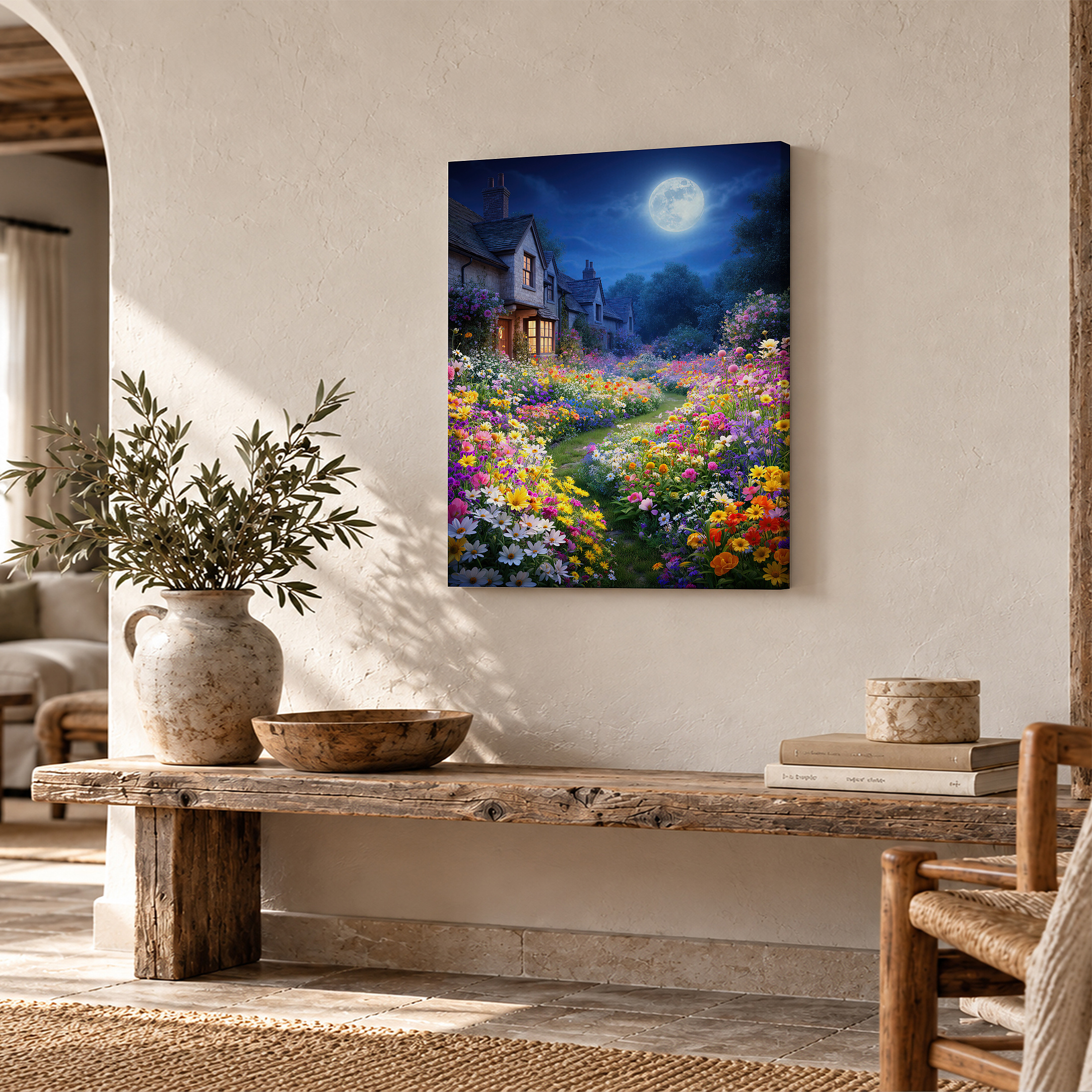 Moonlit Garden Enchanted Flower Night Framed Canvas Wall Art - Image 2