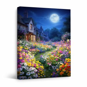 Moonlit Garden Enchanted Flower Night Framed Canvas Wall Art