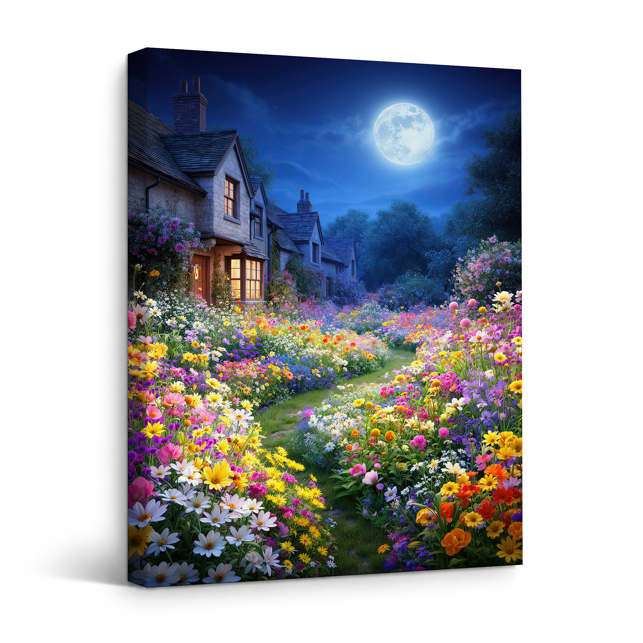 Moonlit Garden Enchanted Flower Night Framed Canvas Wall Art