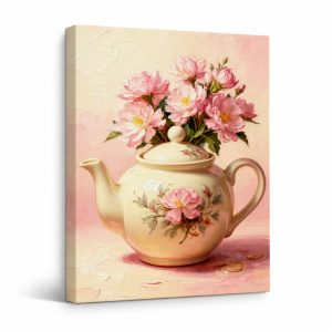 Pink Floral Teapot Framed Canvas Wall Art - Ready to Hang
