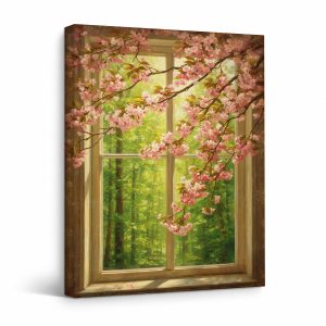 Cherry Blossom Window View Framed Canvas Wall Art - Ready to Hang