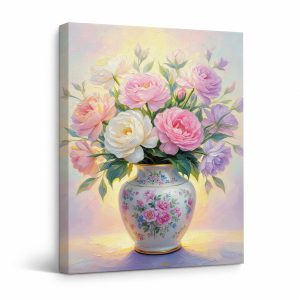 Pink Peony Floral Bouquet Framed Canvas Wall Art Ready to Hang