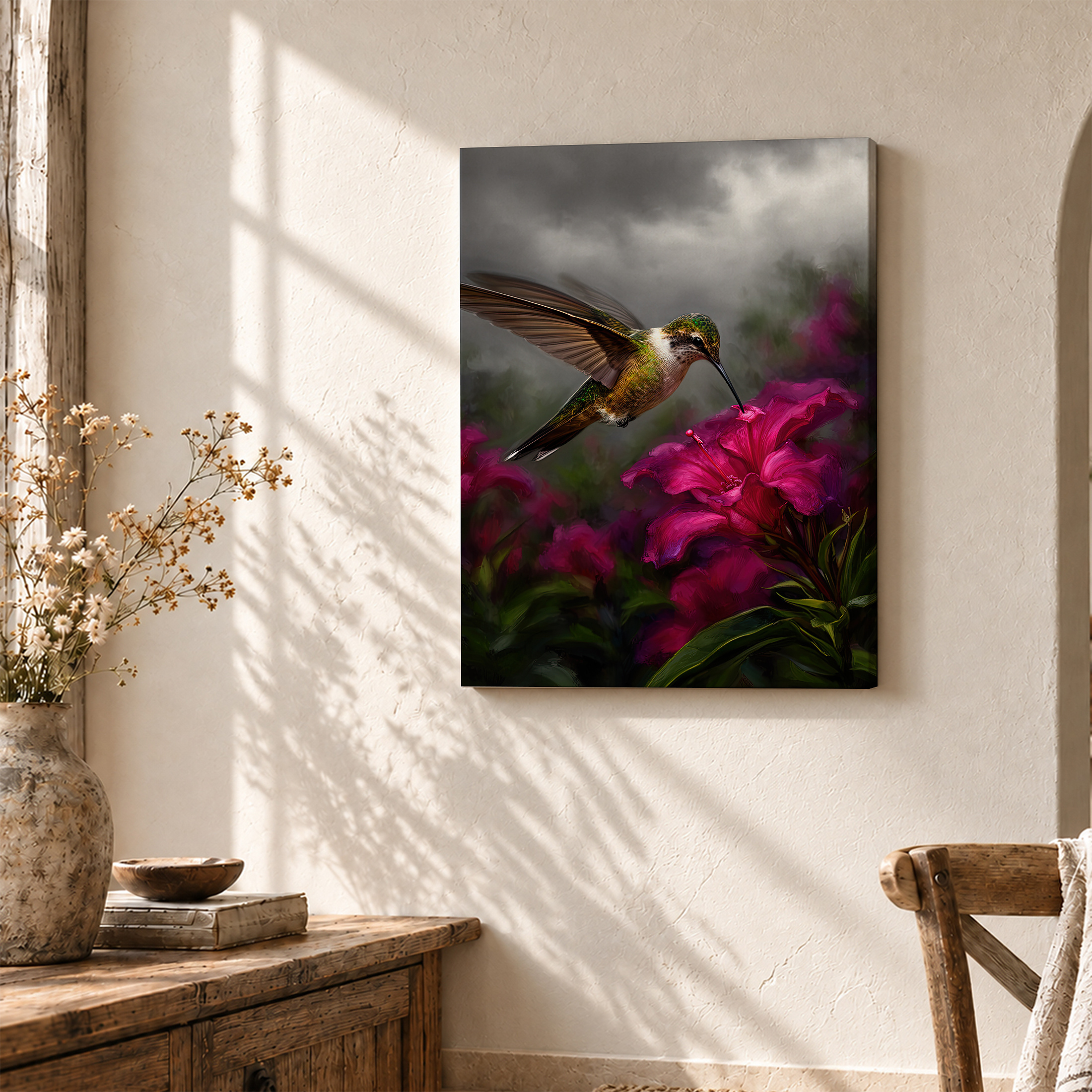 Hummingbird & Pink Flower Framed Canvas Wall Art - Ready to Hang - Image 3