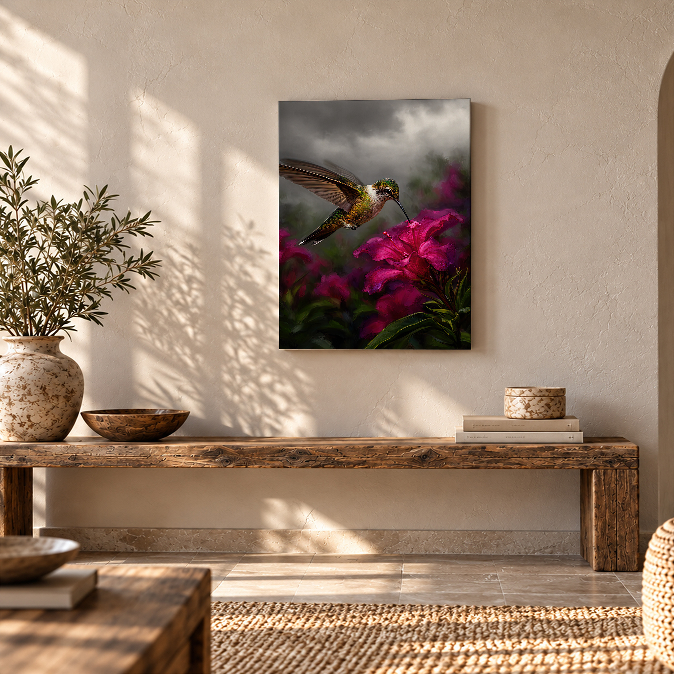Hummingbird & Pink Flower Framed Canvas Wall Art - Ready to Hang - Image 5