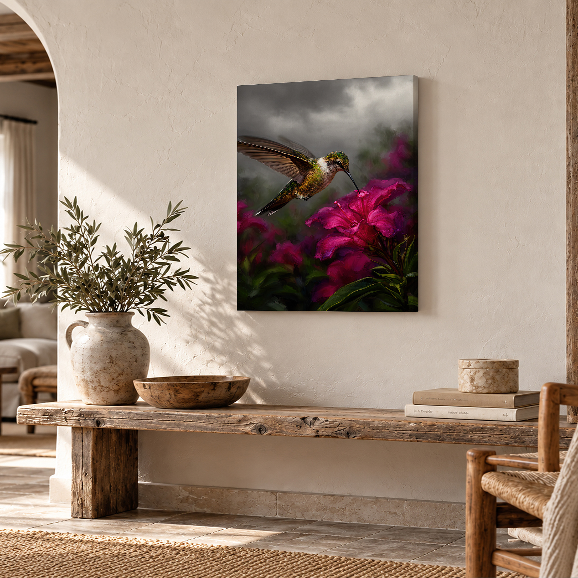 Hummingbird & Pink Flower Framed Canvas Wall Art - Ready to Hang - Image 2