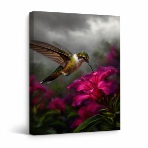 Hummingbird & Pink Flower Framed Canvas Wall Art - Ready to Hang