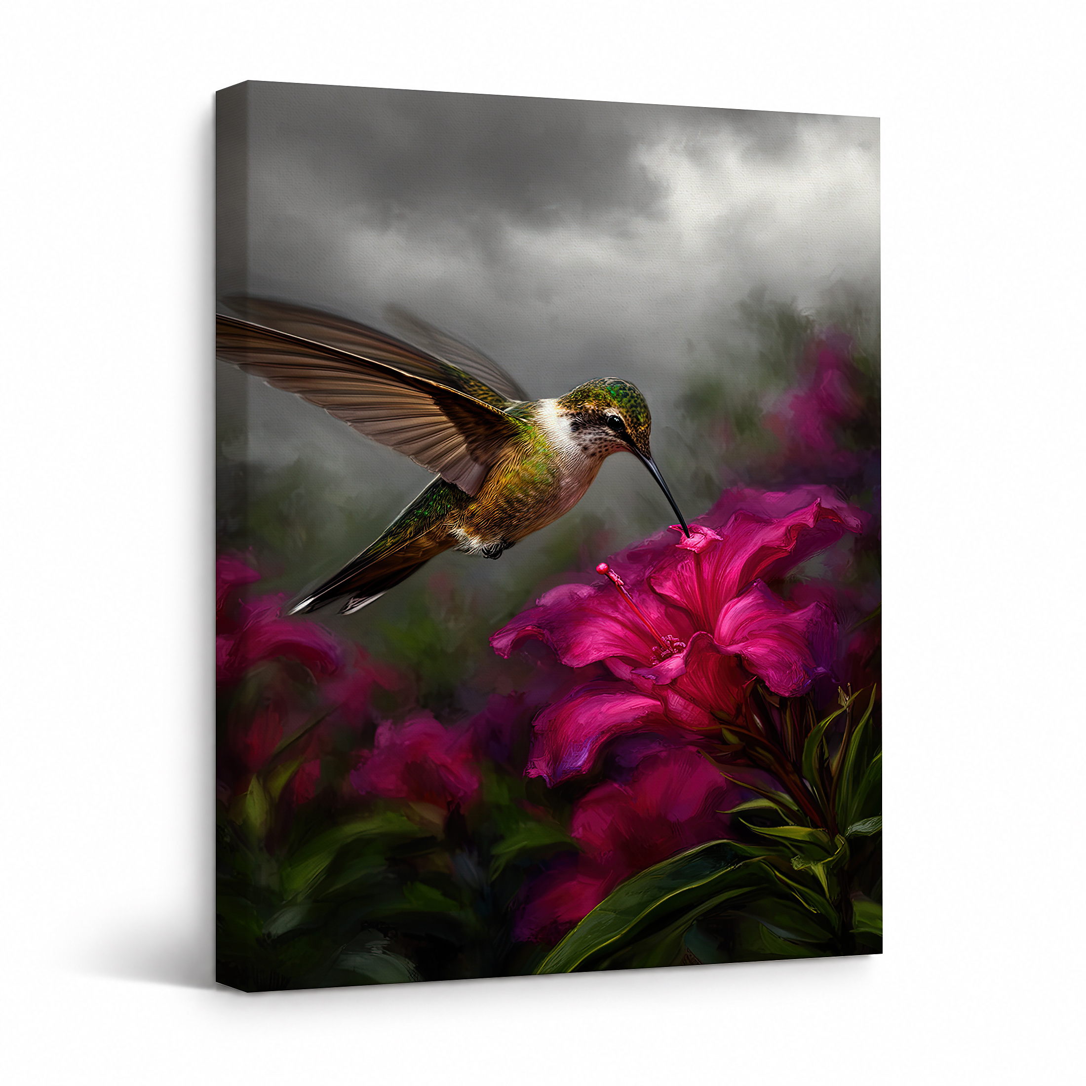 Hummingbird & Pink Flower Framed Canvas Wall Art - Ready to Hang