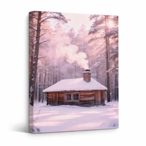 Winter Cabin in Snowy Forest Framed Canvas Wall Art
