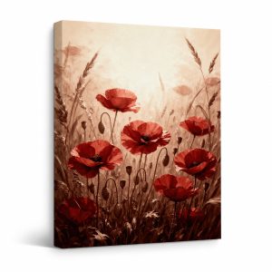 Vintage Poppy Field Framed Canvas Wall Art - Ready to Hang