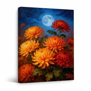 Moonlit Chrysanthemums Framed Canvas Wall Art