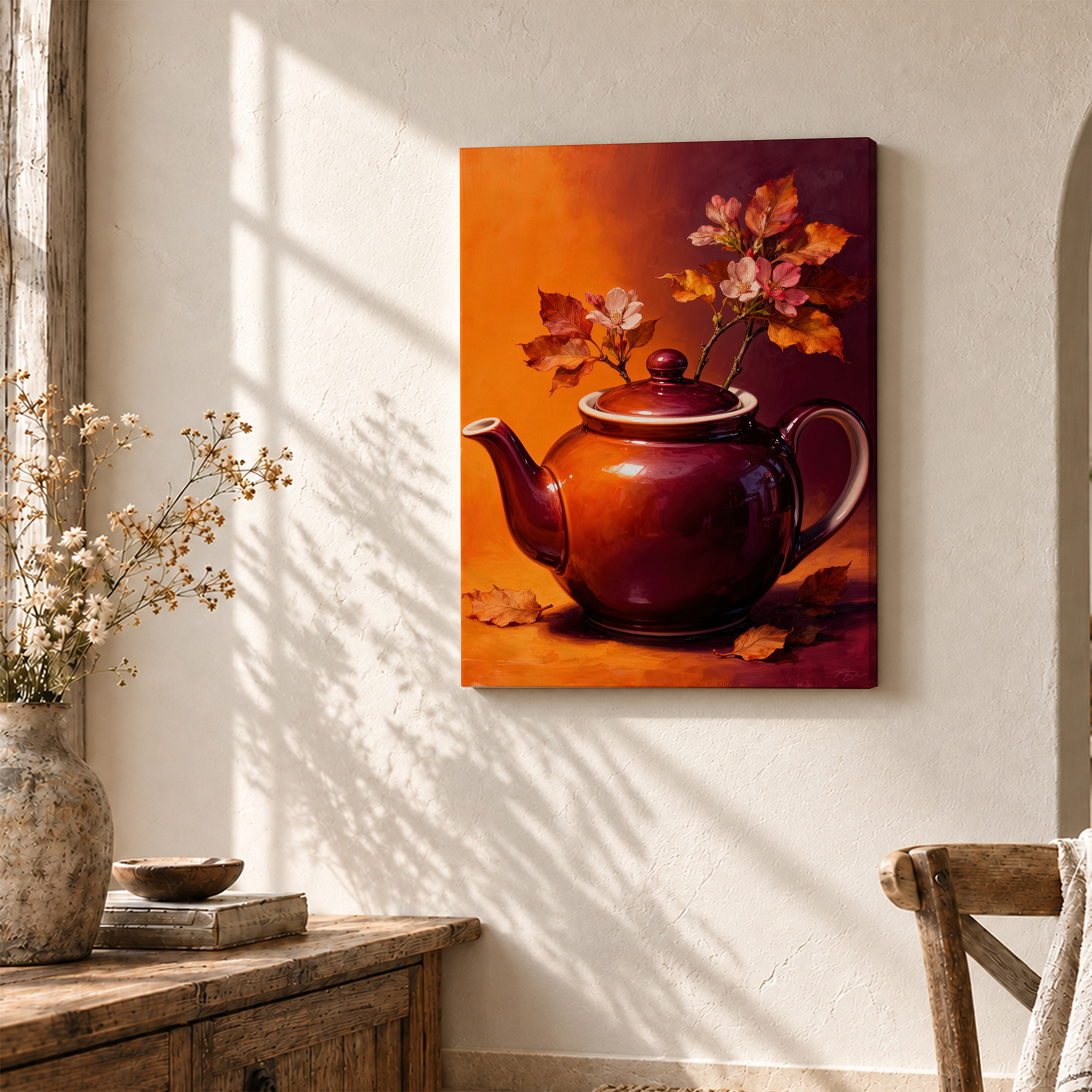 Autumn Teapot Cherry Blossom Framed Canvas Wall Art Ready to Hang - Image 3