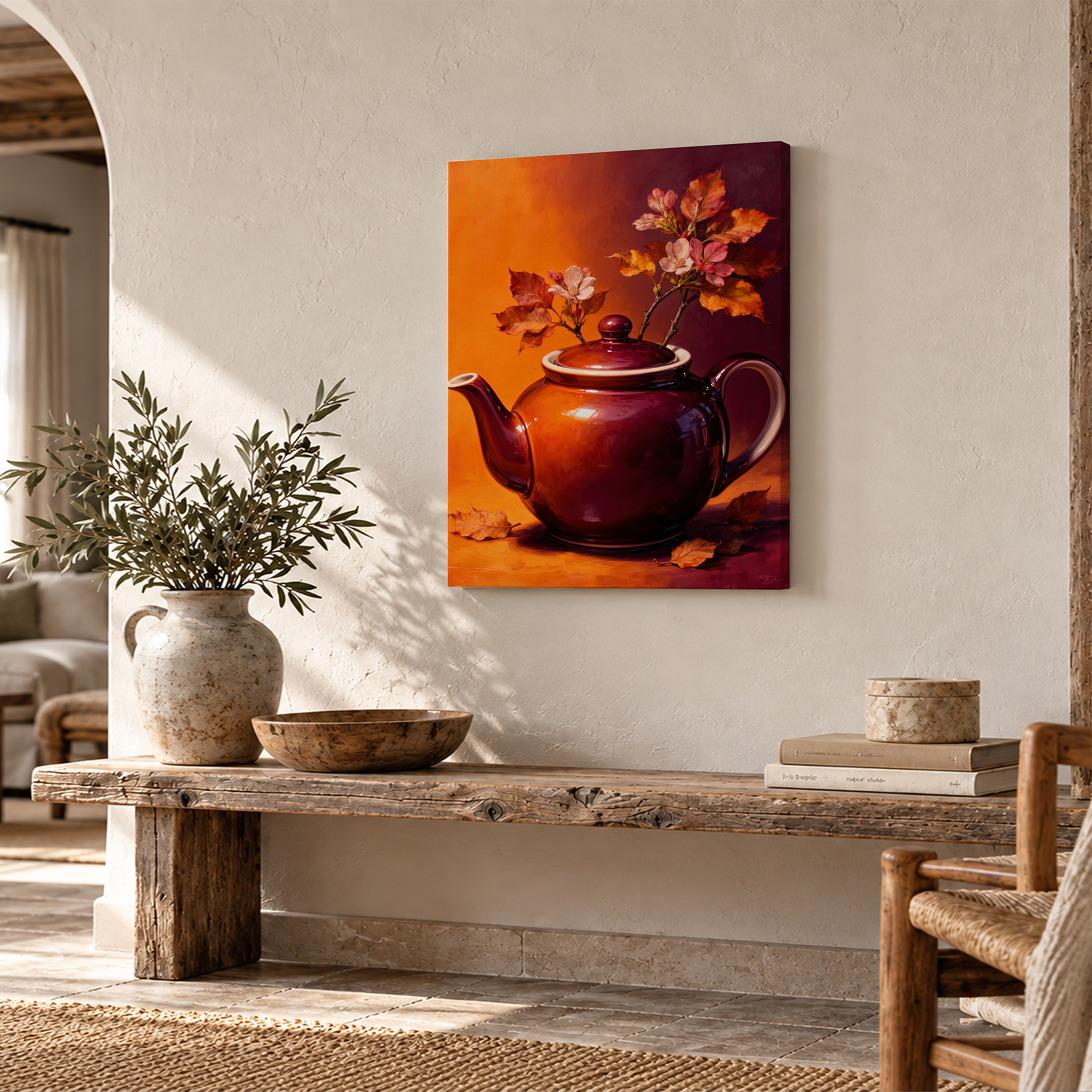 Autumn Teapot Cherry Blossom Framed Canvas Wall Art Ready to Hang - Image 2