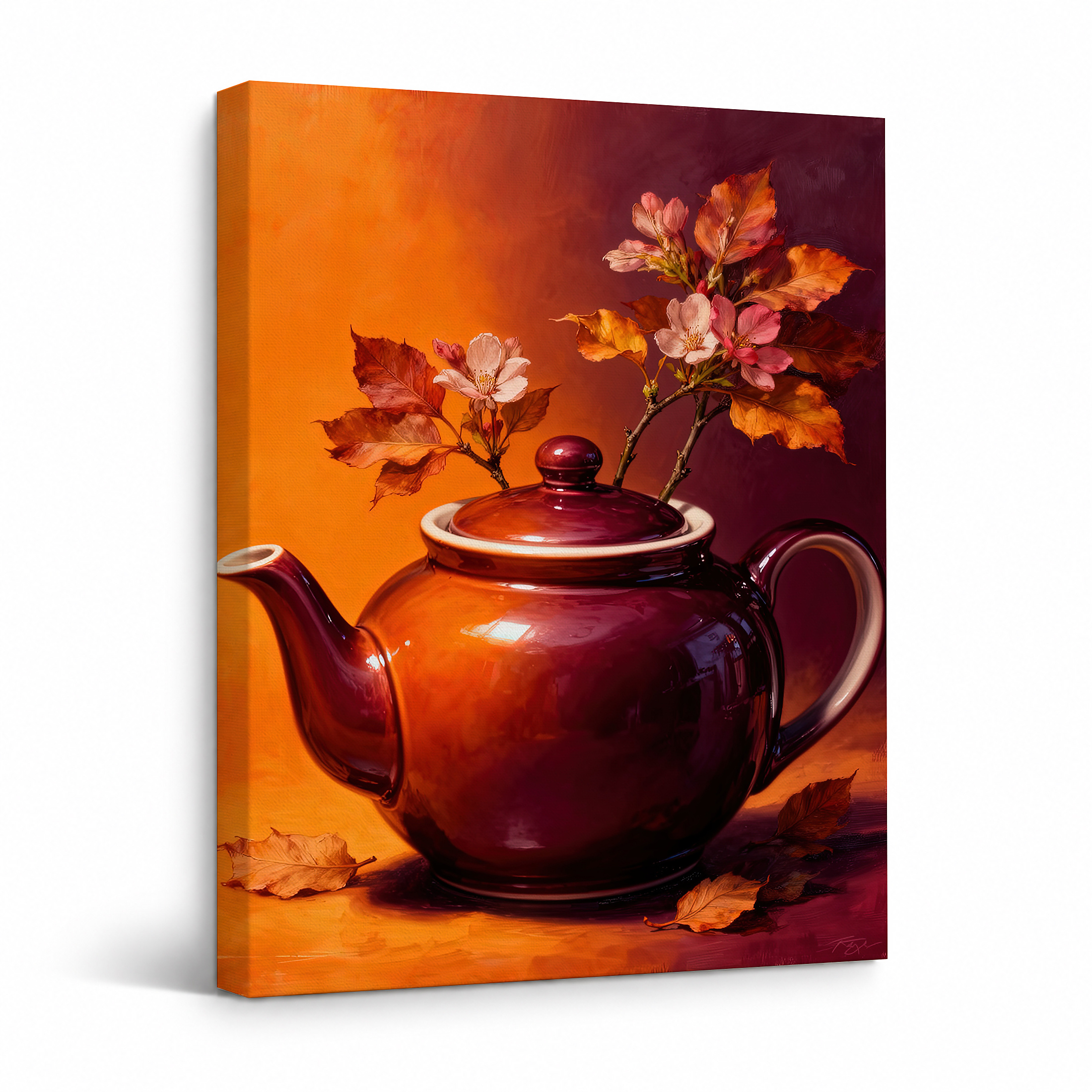 Autumn Teapot Cherry Blossom Framed Canvas Wall Art Ready to Hang