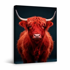 Vibrant Red Highland Cow Framed Canvas Wall Art - Ready to Hang