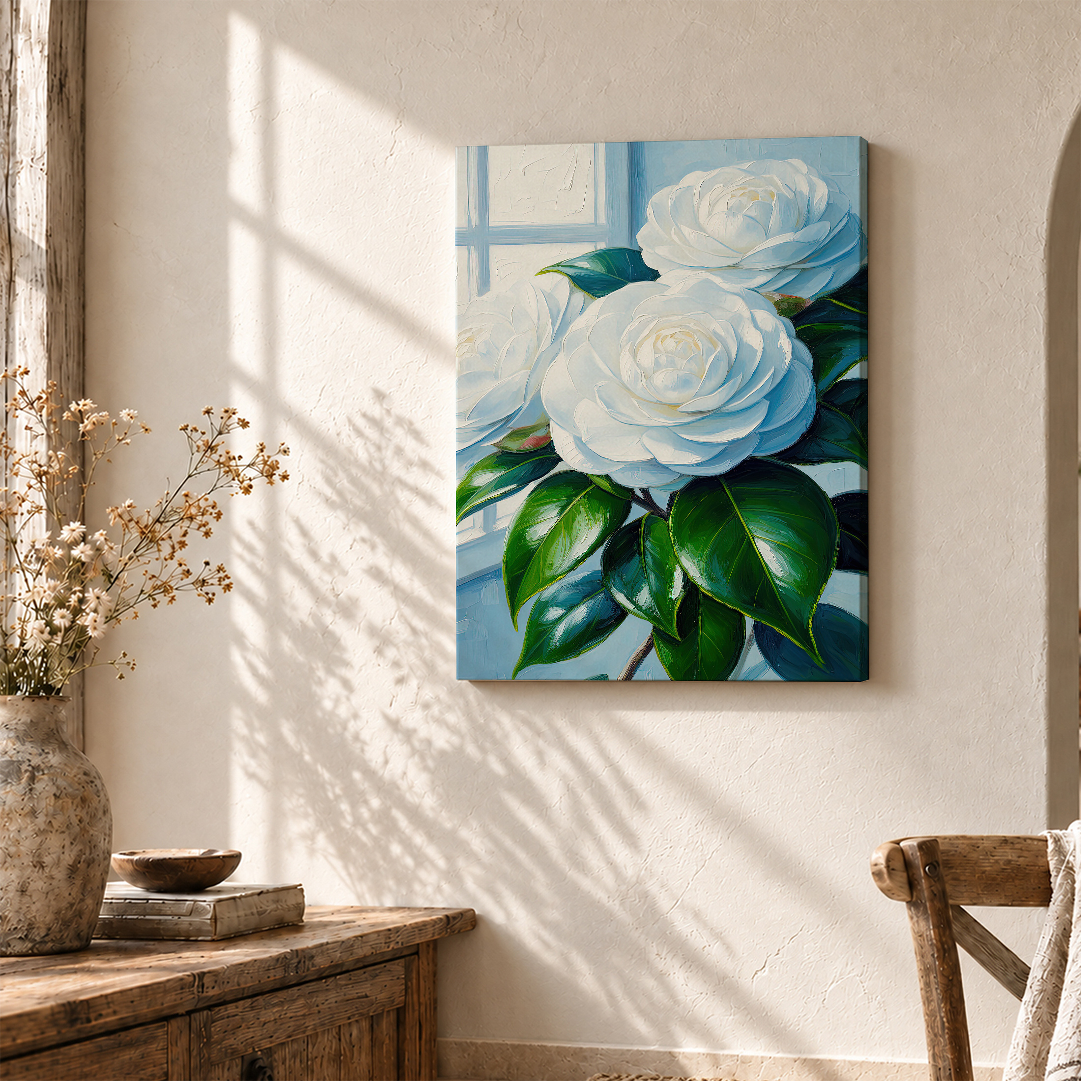 White Camellia Window Garden Framed Canvas Wall Art - Ready to Hang - Image 3