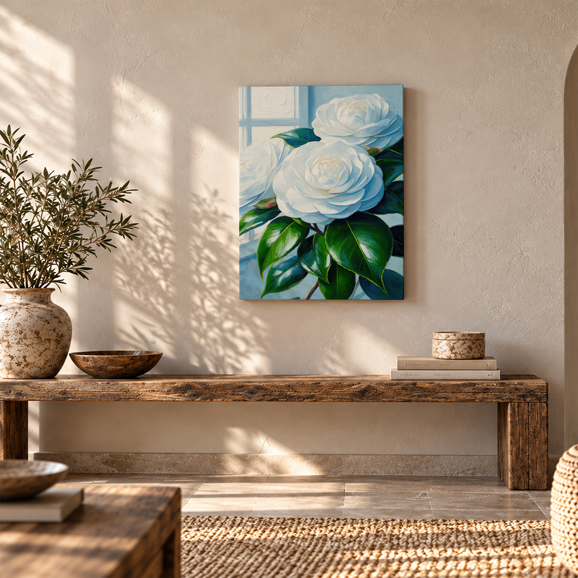 White Camellia Window Garden Framed Canvas Wall Art - Ready to Hang - Image 5