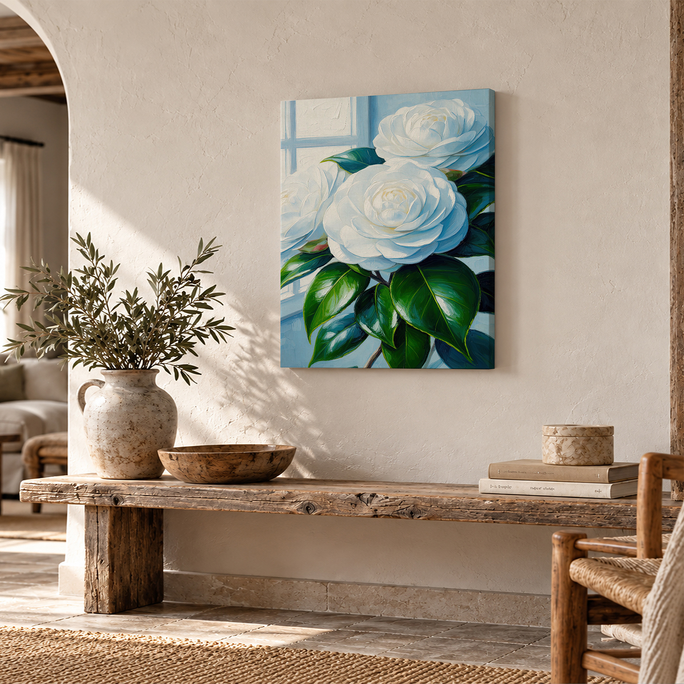 White Camellia Window Garden Framed Canvas Wall Art - Ready to Hang - Image 2