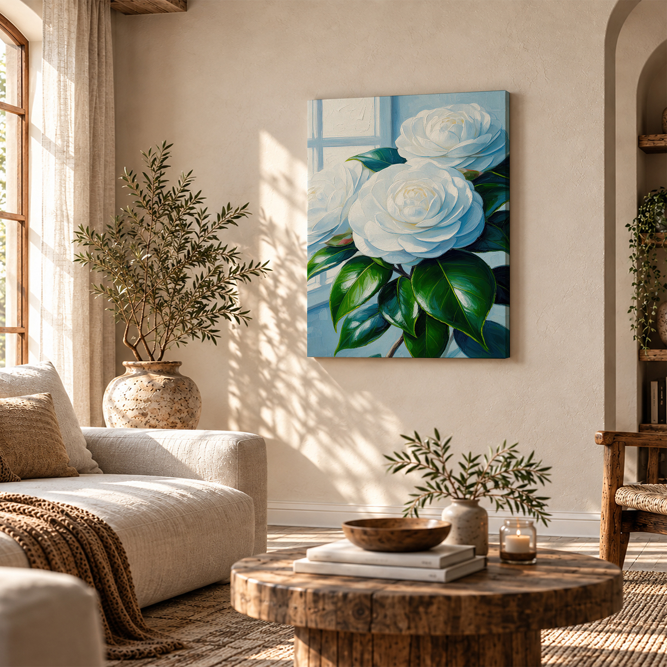 White Camellia Window Garden Framed Canvas Wall Art - Ready to Hang - Image 4